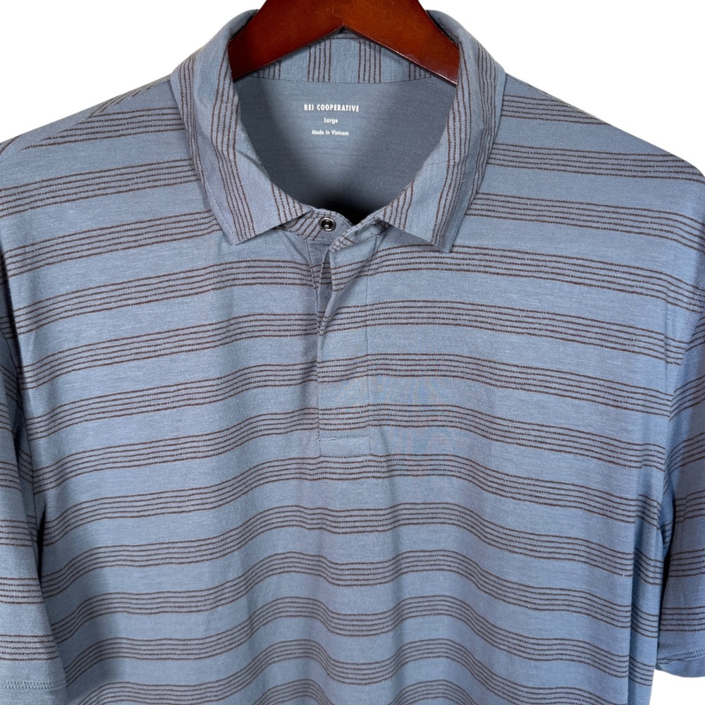 REI CO-OP Mens Polo Shirt Sz Lg Blue Striped Short Sleeve‎ Casual Golf OutdooR